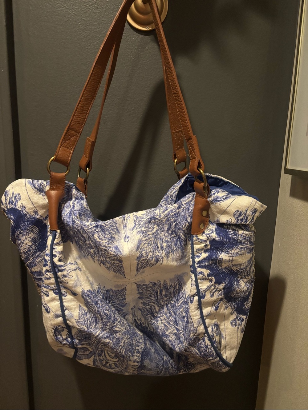Blue & White Printed Tote with Brown Leather Straps